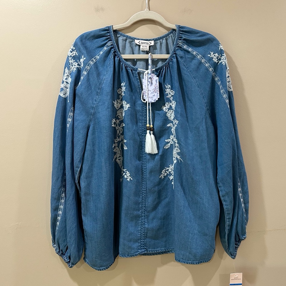 NWT Nanette Lepore Embroidered Denim Blouse Boho Tassel Chambray Top Blue XL